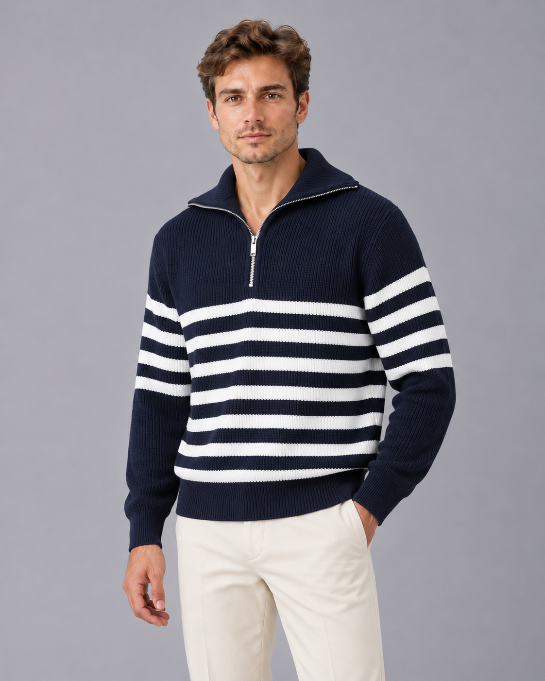Men's Striped Quarter Zip Jumper with Ribbed Knit and High Collar