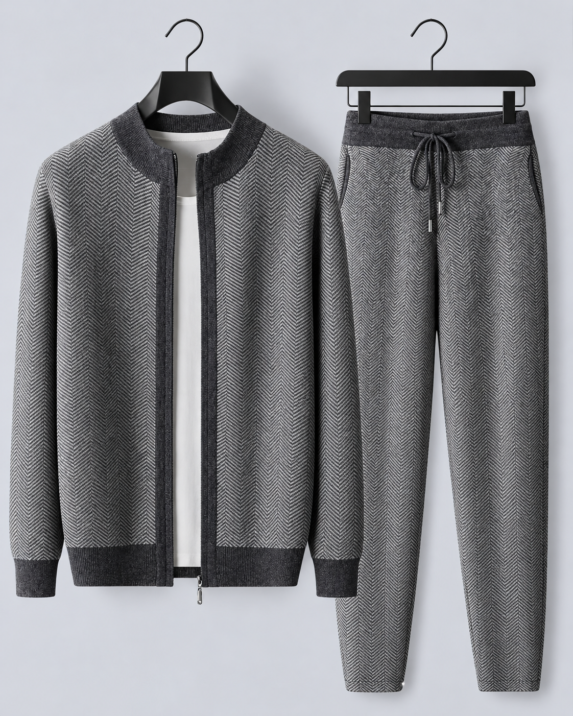 Men's 100% Merino Wool Knitted Tracksuit with Herringbone Pattern and Zip-Up Jacket