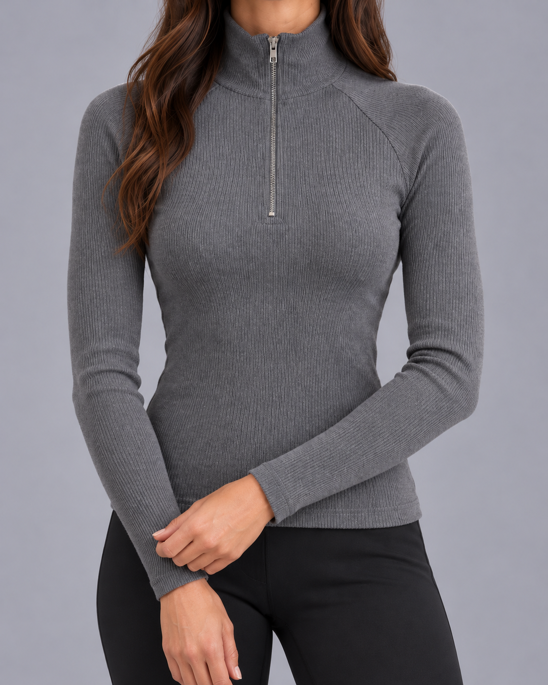 Women's Ribbed Quarter-Zip Jumper with Slim High Neck