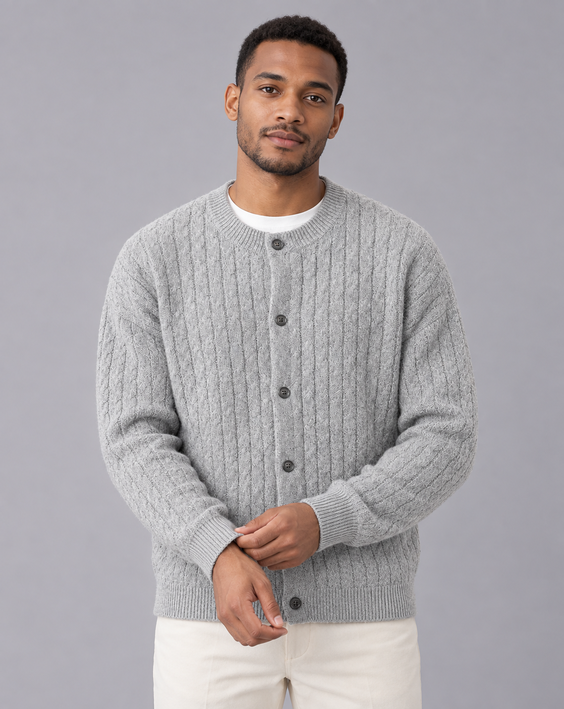 Men's Cable Knit Cardigan | Crew Neck with Six-Button Front