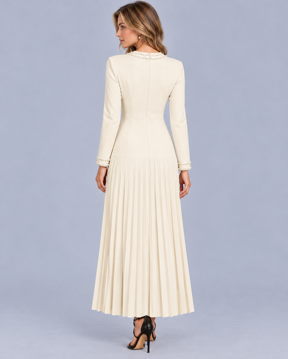 Women's Pleated Maxi Dress with Pearl Trim