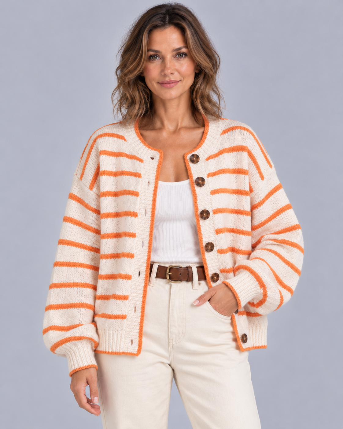 Women's Oversized Striped Button Up Cardigan