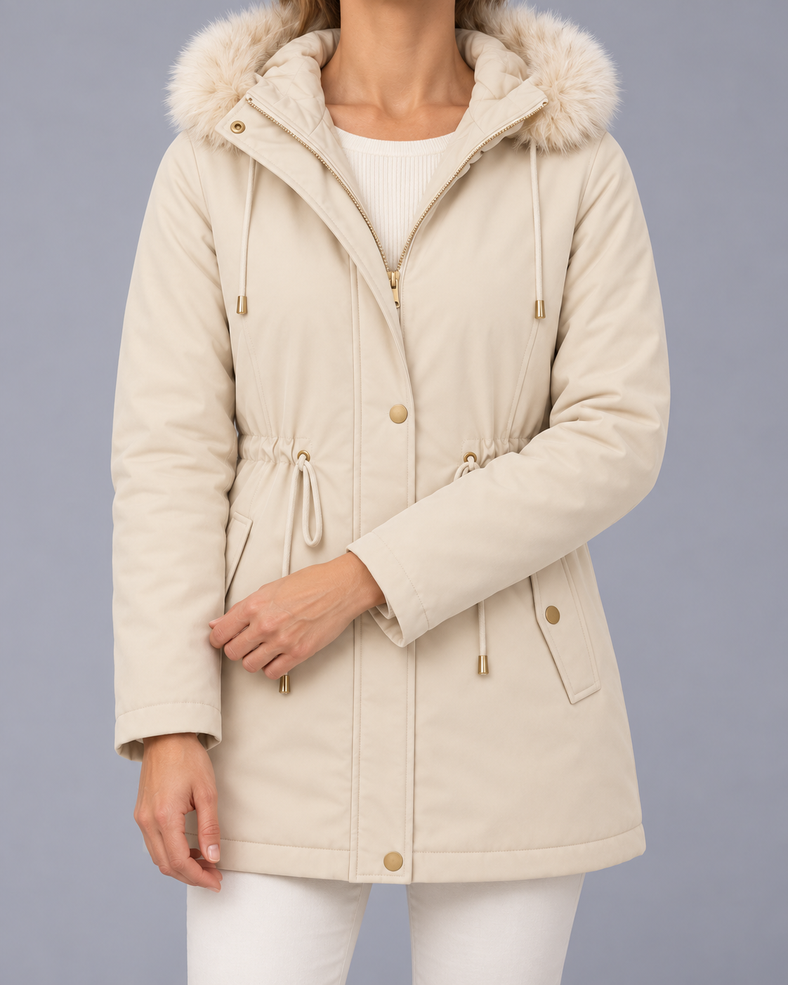 Women's Fleece Lined Parka with Faux Fur Hood and Drawstring Waist