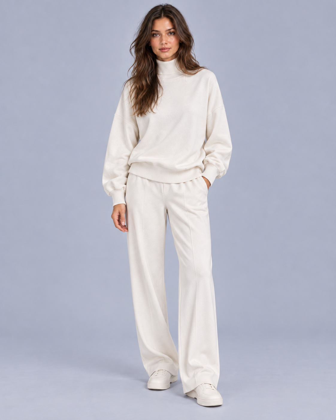 Women's Lounge Co-ord Set – Roll Neck Top and Wide Leg Trousers, Relaxed Fit