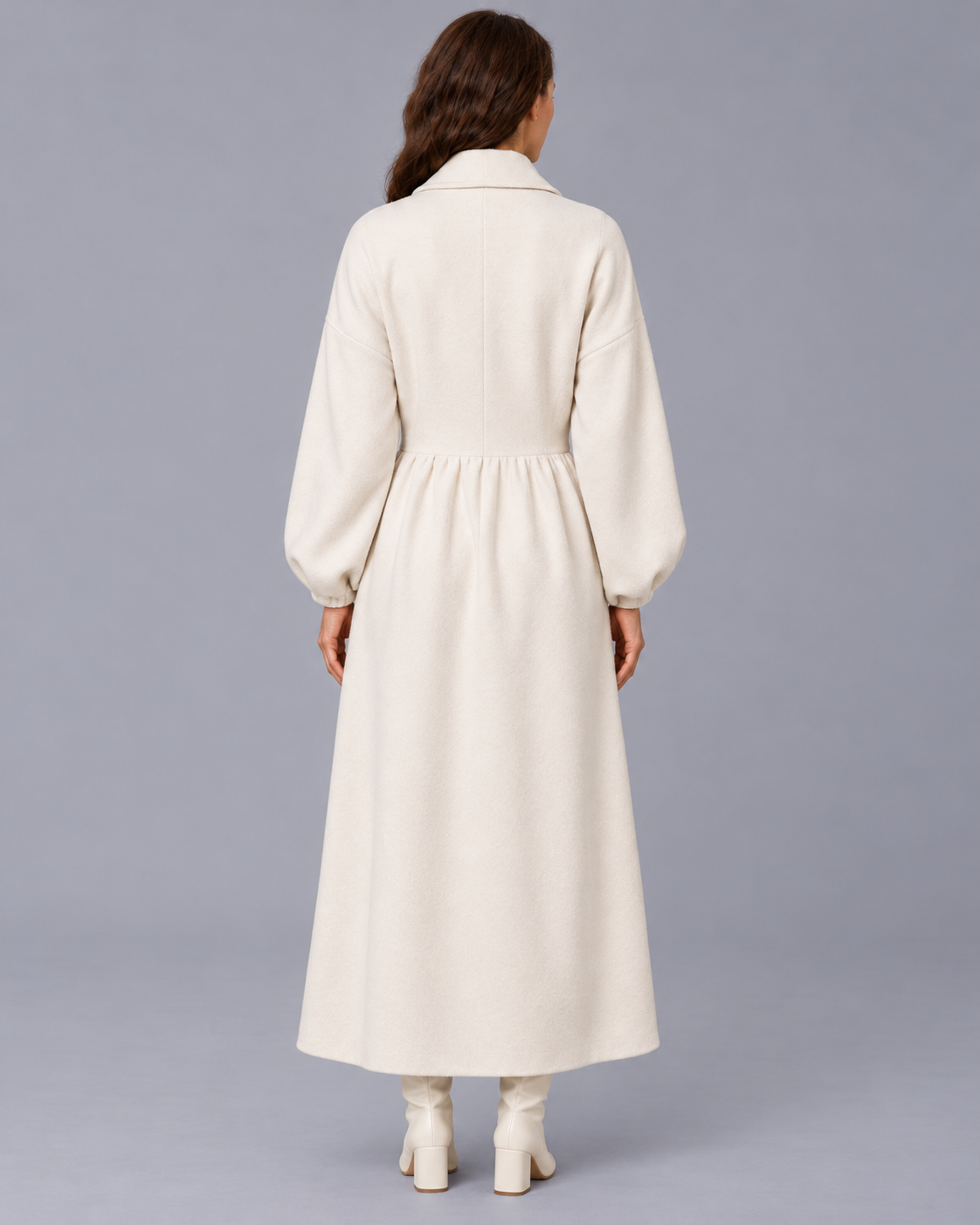 Women's White Double-Breasted Coat with Balloon Sleeves
