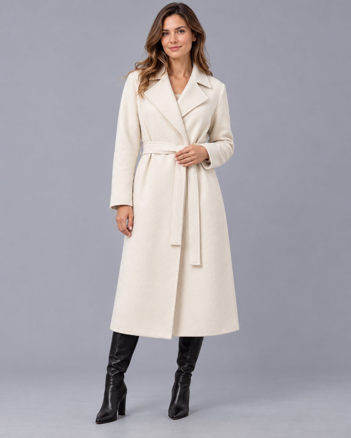 Women's Longline Belted Wrap Coat with Lapel Collar