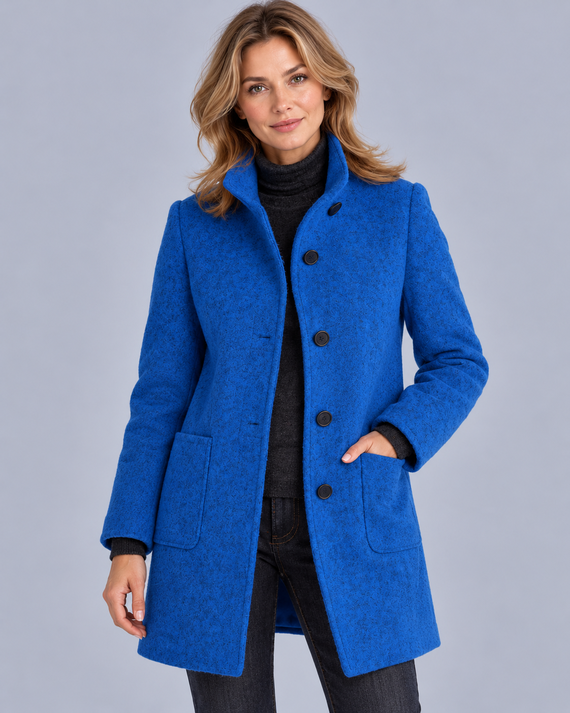 Women's Wool Midi Coat with Stand Collar
