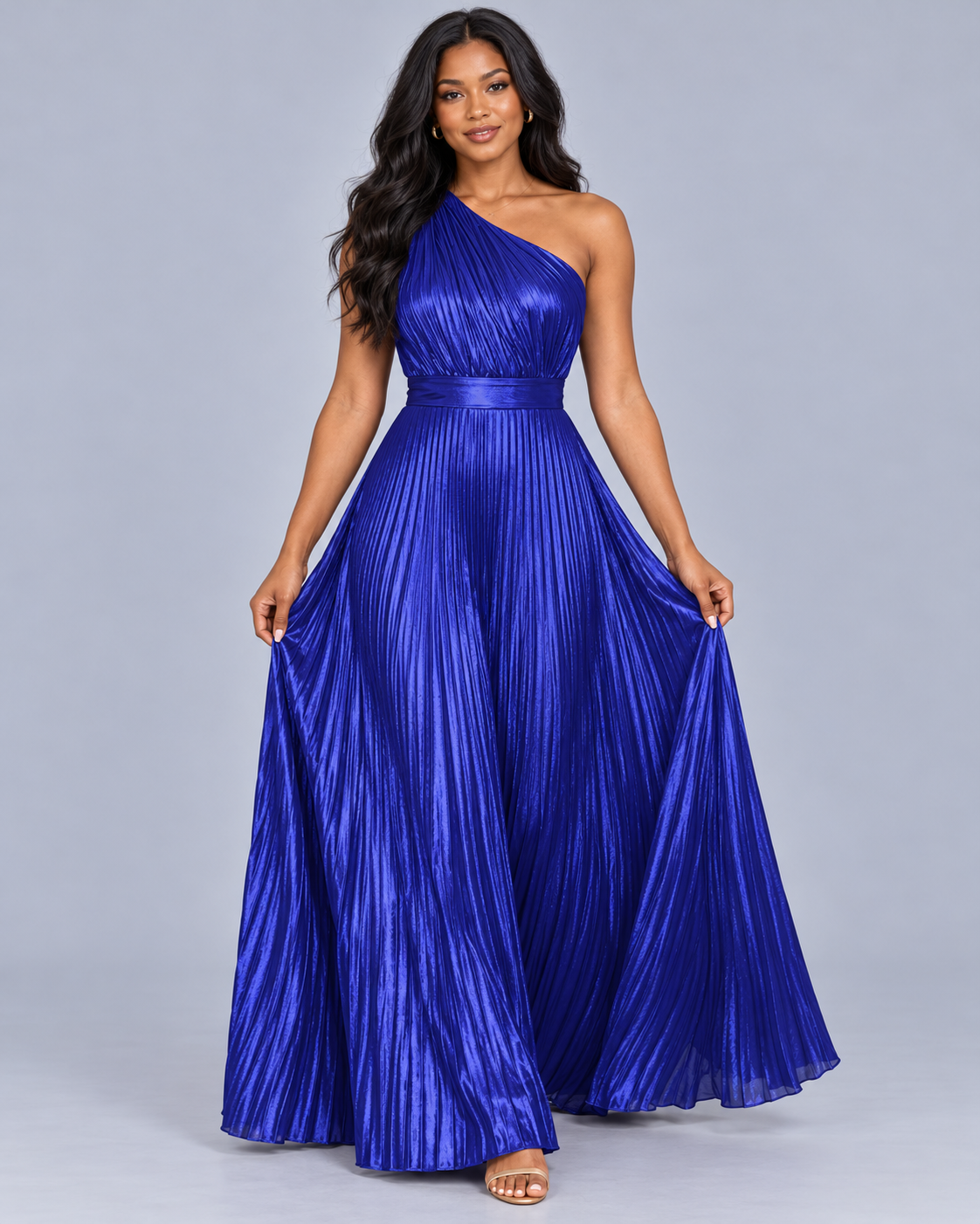 Women's One Shoulder Metallic Pleated Jumpsuit