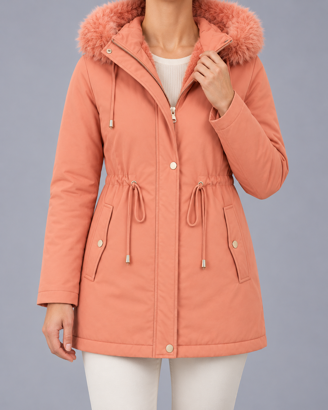 Women's Fleece Lined Parka with Faux Fur Hood and Drawstring Waist