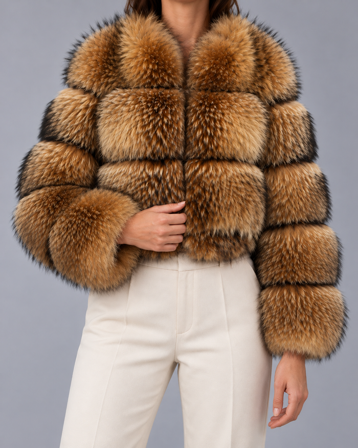 Women's Cropped Brown Fur Jacket - Oversized Collar