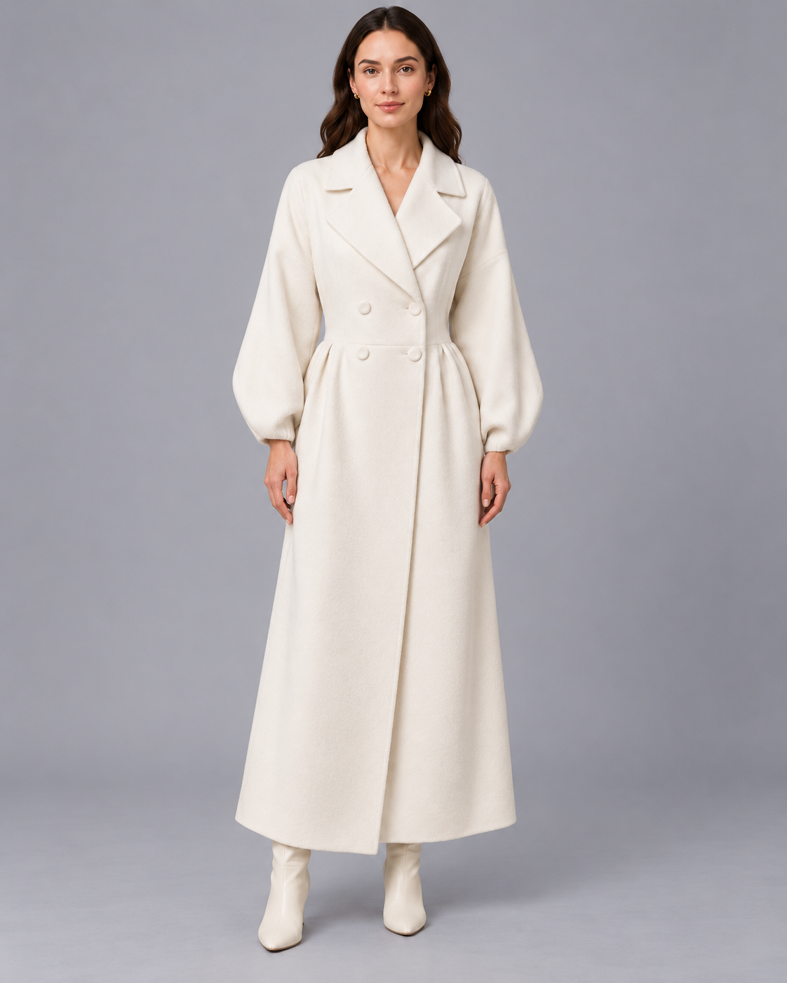 Women's White Double-Breasted Coat with Balloon Sleeves