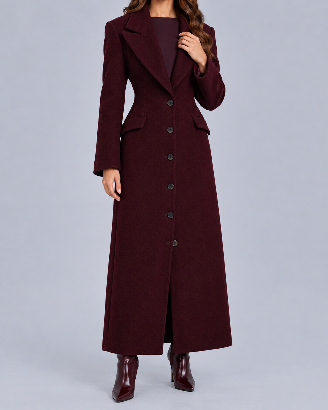 Women's Long Wool Coat with Peak Lapel