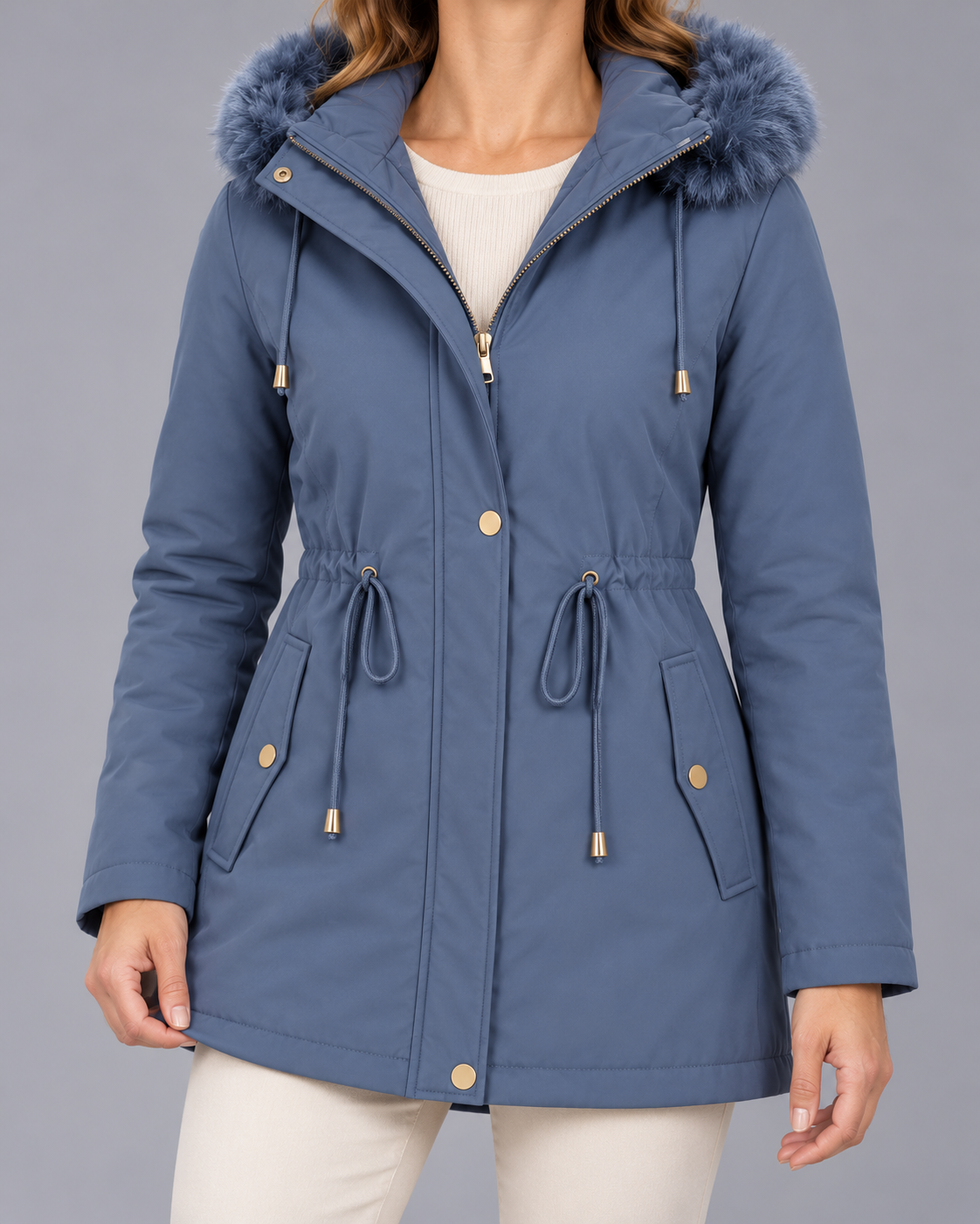 Women's Fleece Lined Parka with Faux Fur Hood and Drawstring Waist