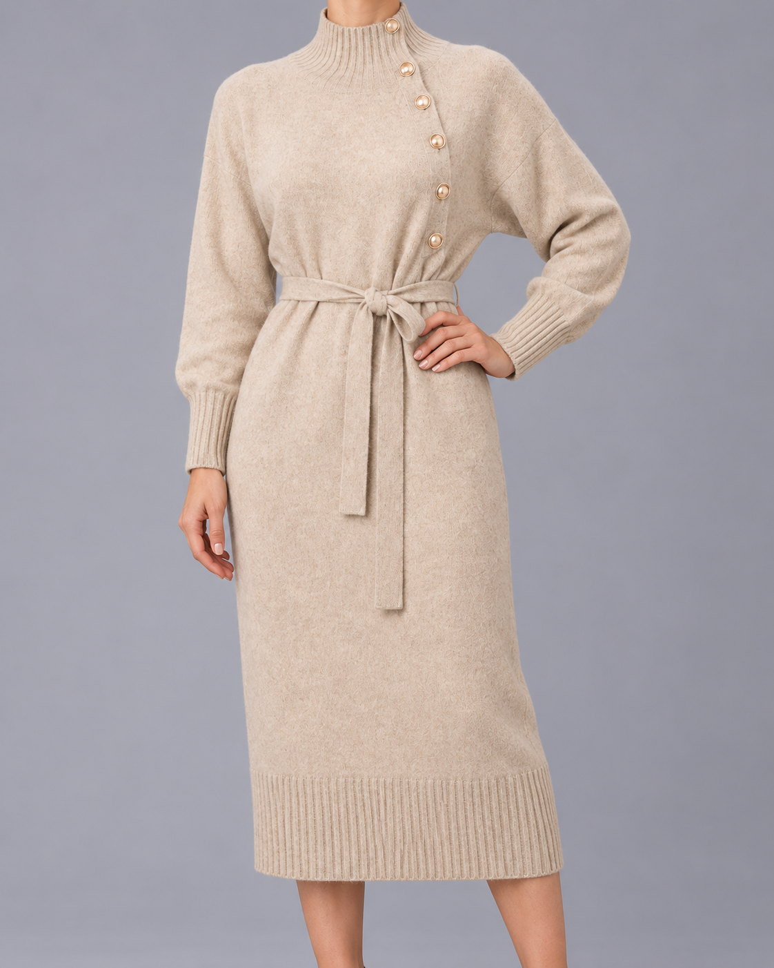 Women's Turtleneck Jumper Dress with Tie Waist