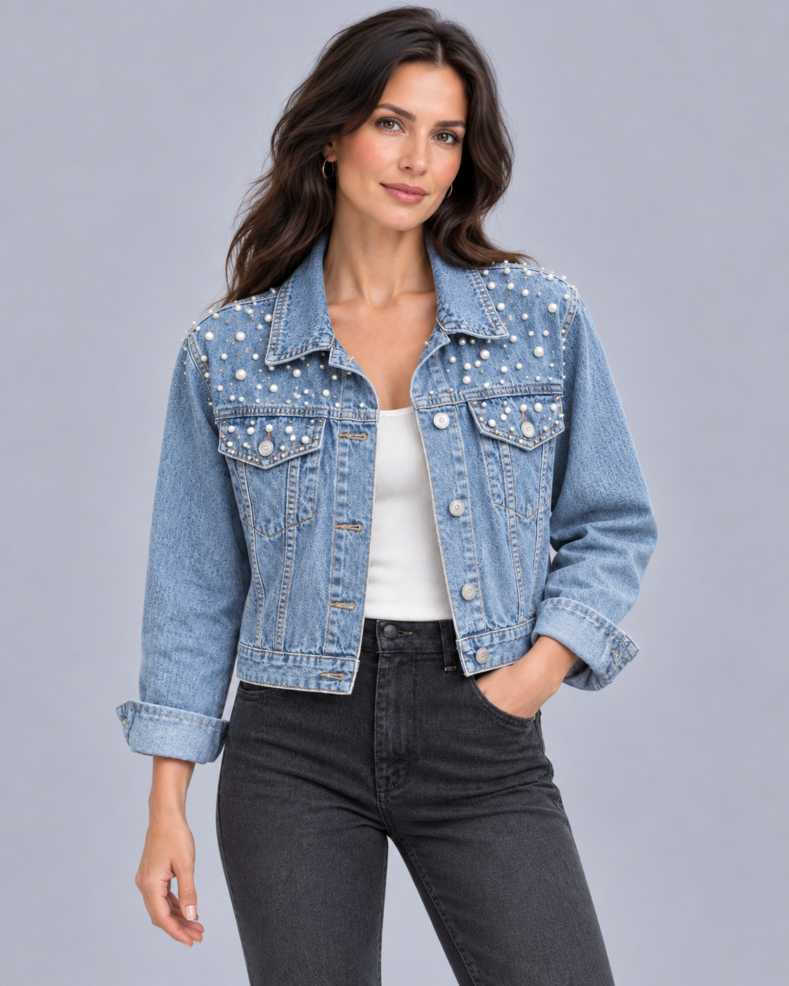 Women's Cropped Denim Jacket | Pearl-Embellished Relaxed Fit Jacket with Chest Pockets