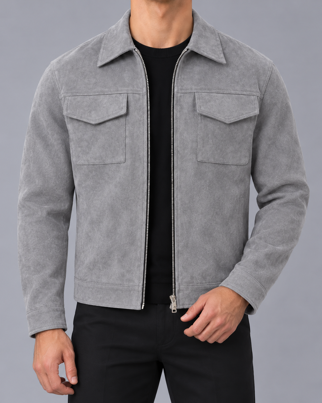 Men's Faux Suede Zip-Up Jacket with Chest Pockets
