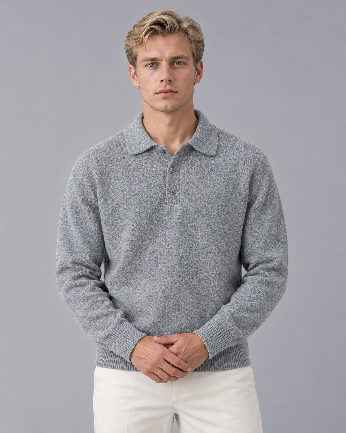 Men's Polo Collar Jumper with Ribbed Cuffs