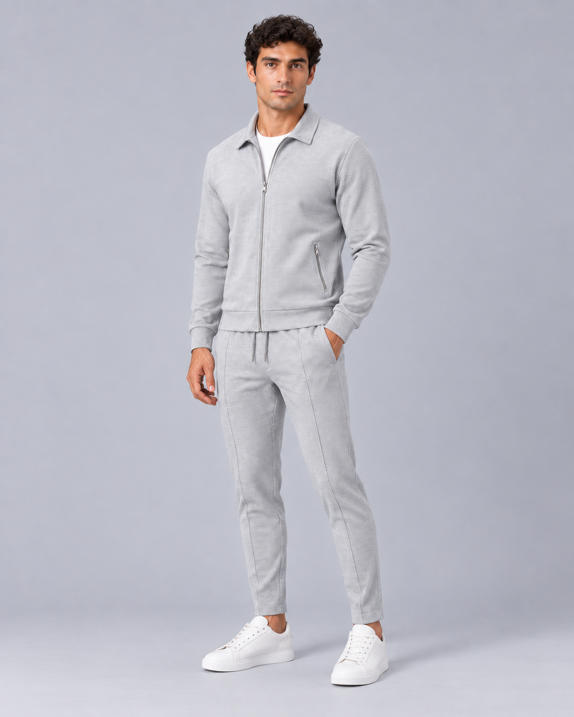 Men's Waffle Tracksuit Set - Zip Jacket & Pants