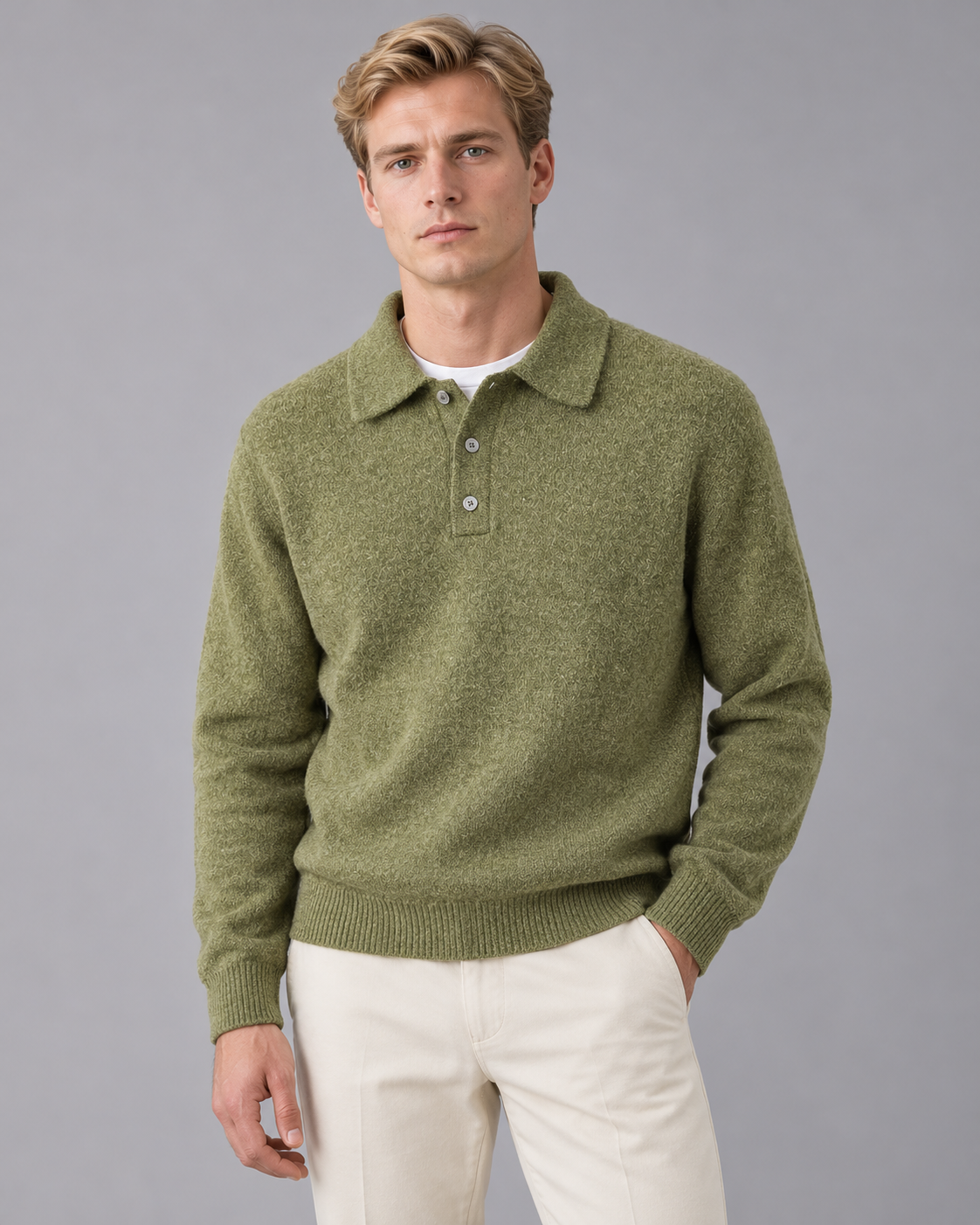 Men's Polo Collar Jumper with Ribbed Cuffs