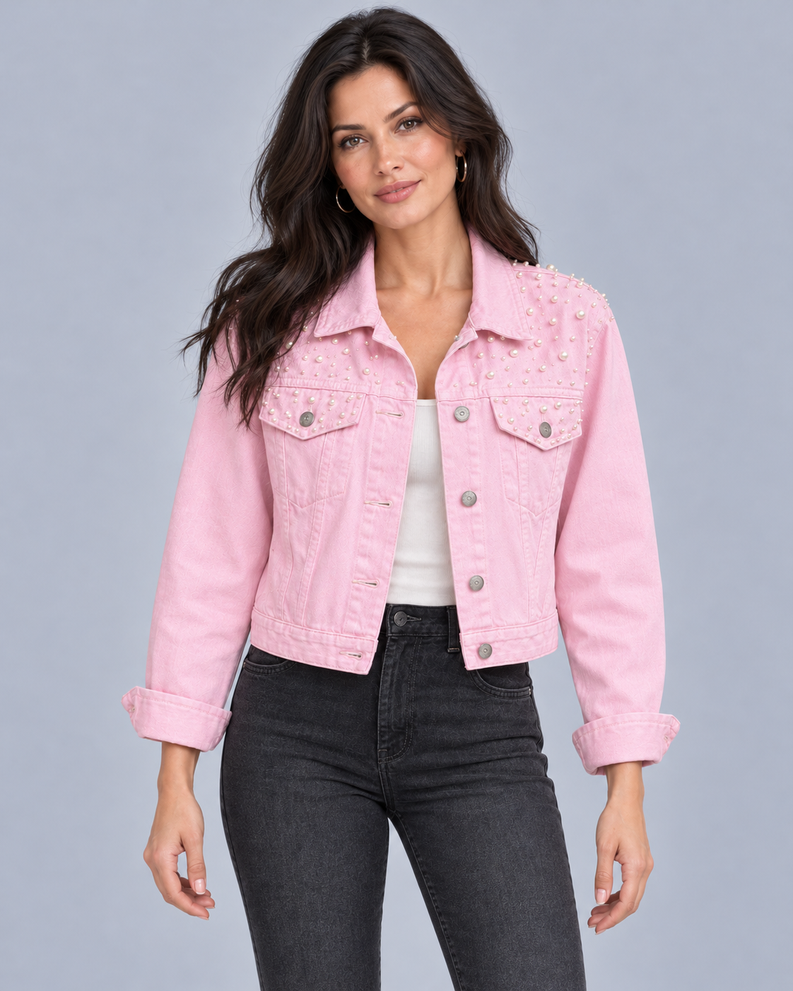 Women's Cropped Denim Jacket | Pearl-Embellished Relaxed Fit Jacket with Chest Pockets