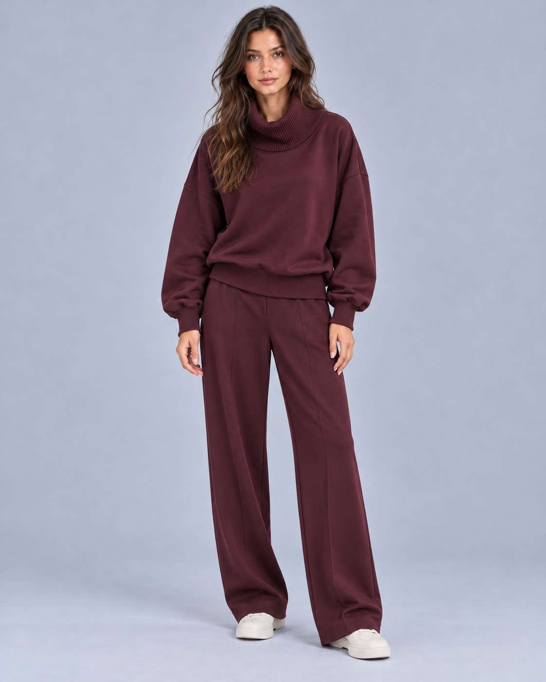 Women's Lounge Co-ord Set – Roll Neck Top and Wide Leg Trousers, Relaxed Fit