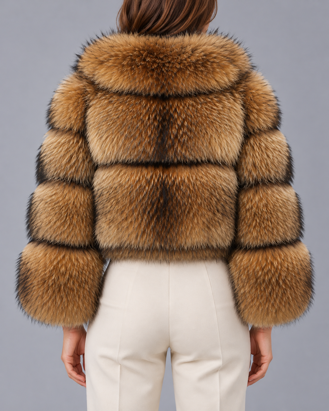 Women's Cropped Brown Fur Jacket - Oversized Collar