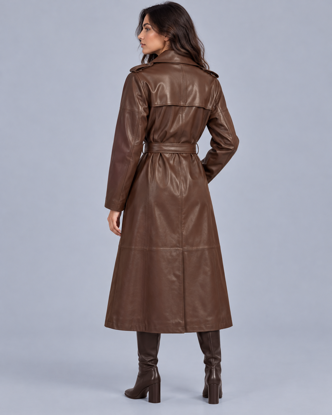 Women's Belted Faux Leather Midi Trench Coat | Long Overcoat