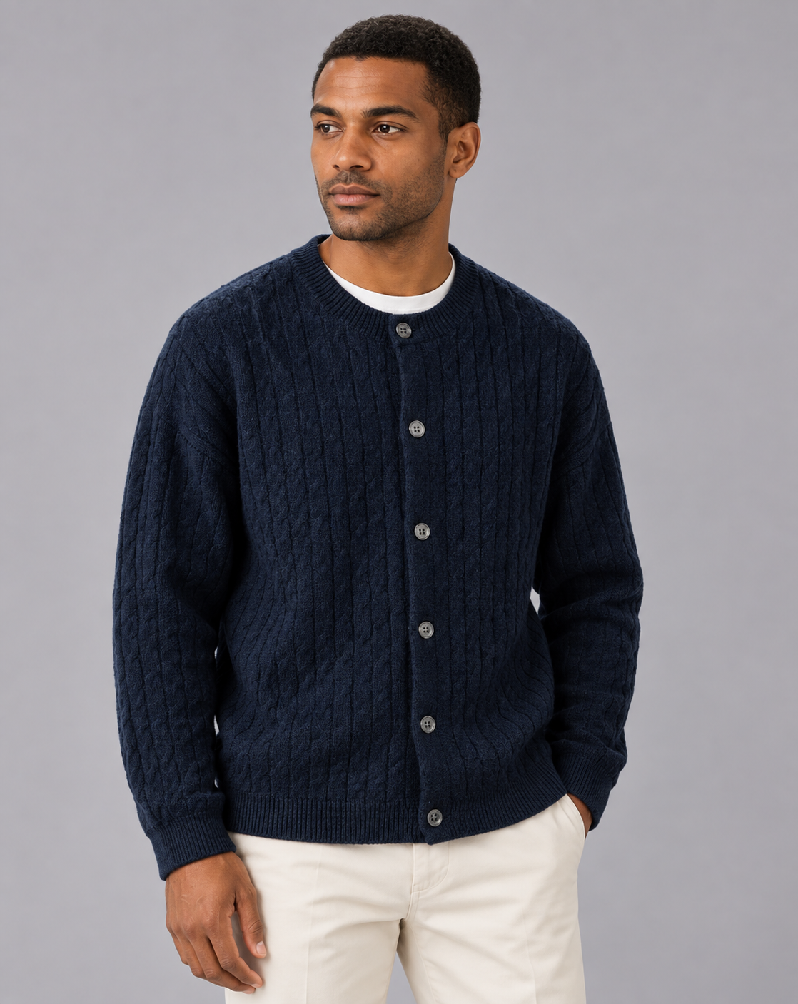 Men's Cable Knit Cardigan | Crew Neck with Six-Button Front