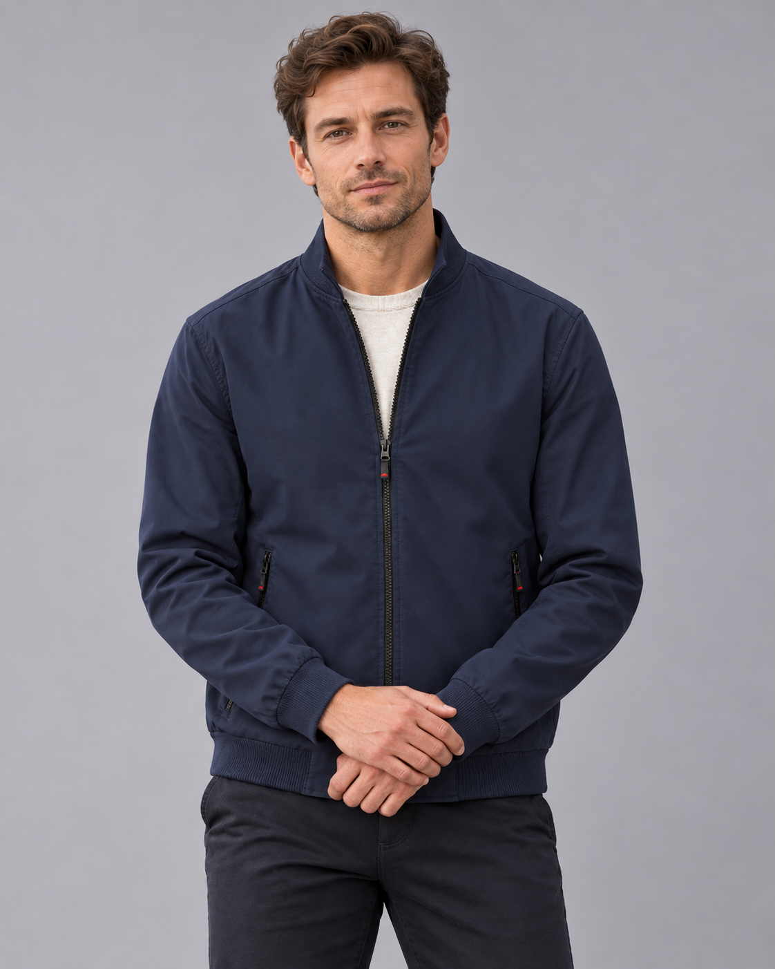 Men's Bomber Jacket | Stand Collar with Full Zip and Zip Pockets
