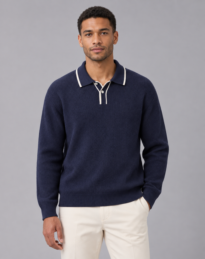 Men's Linen blend Long Sleeve Polo | Knitted Polo Jumper with Contrast-Tipped Collar