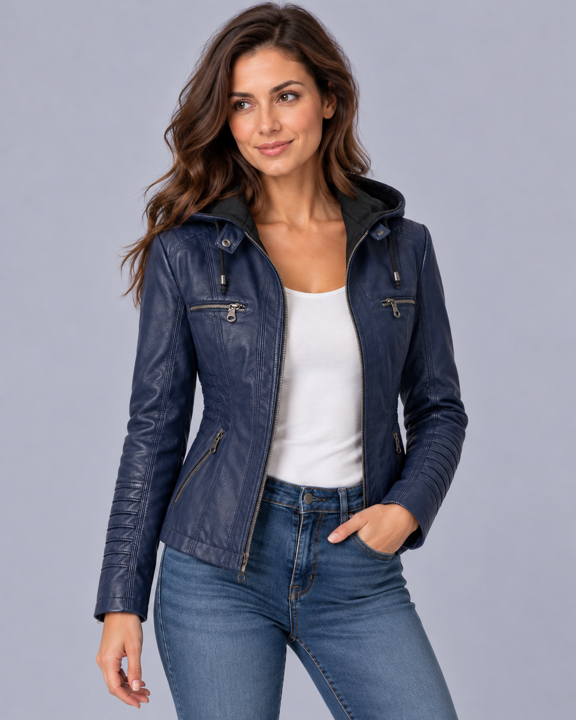 Women's Jacket Leather-Look Hooded Zip Up