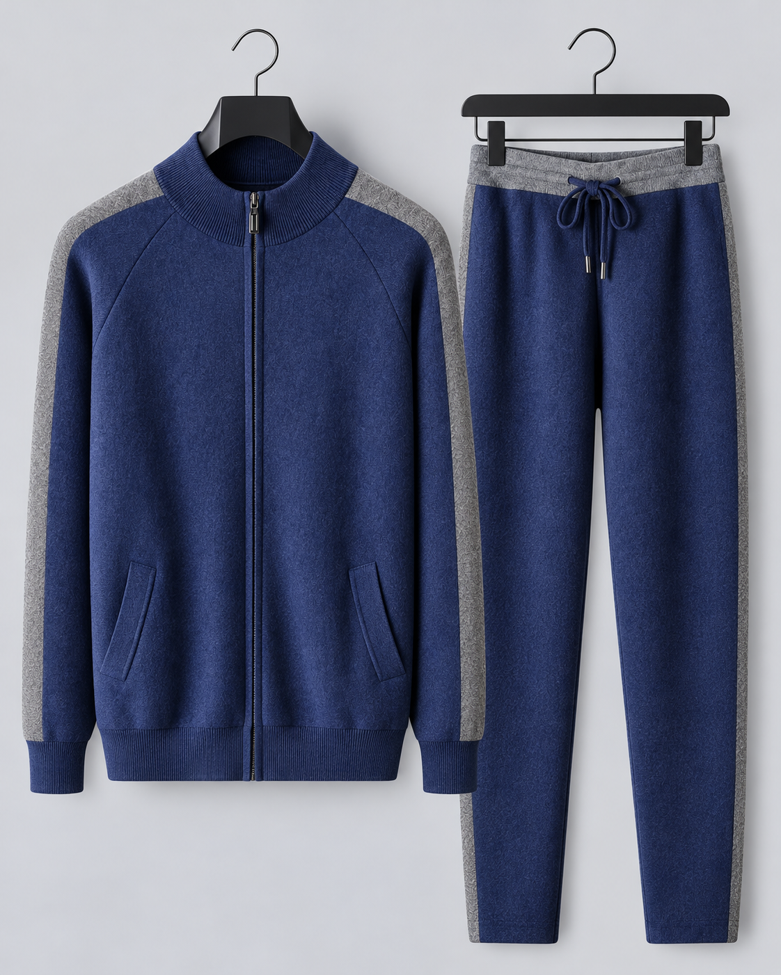 Men's 100% Cashmere Tracksuit with Stand Collar Zip Jacket and Contrast Panels