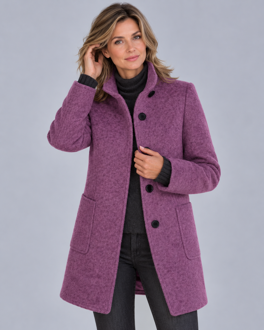 Women's Wool Midi Coat with Stand Collar