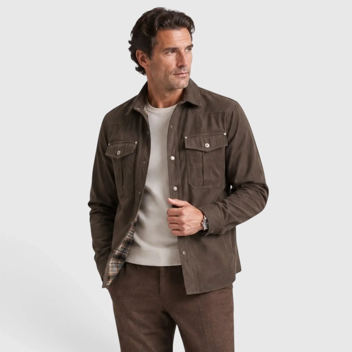 Men's Brushed Cotton Overshirt Jacket | Plaid Lining with Regular Fit