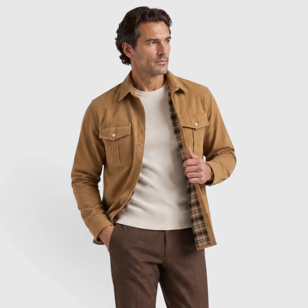 Men's Brushed Cotton Overshirt Jacket | Plaid Lining with Regular Fit