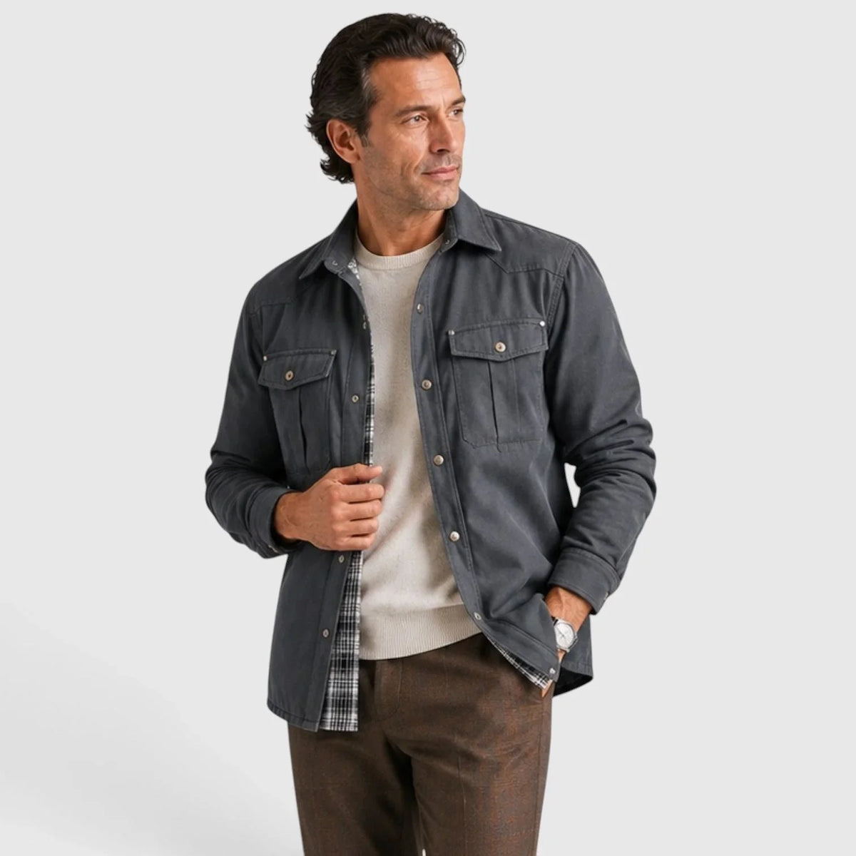 Men's Brushed Cotton Overshirt Jacket | Plaid Lining with Regular Fit