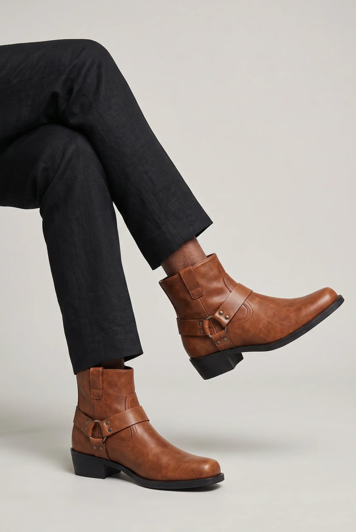 Men's PU Leather Ankle Boots | Western Harness Strap with Side Zip| Regular Fit
