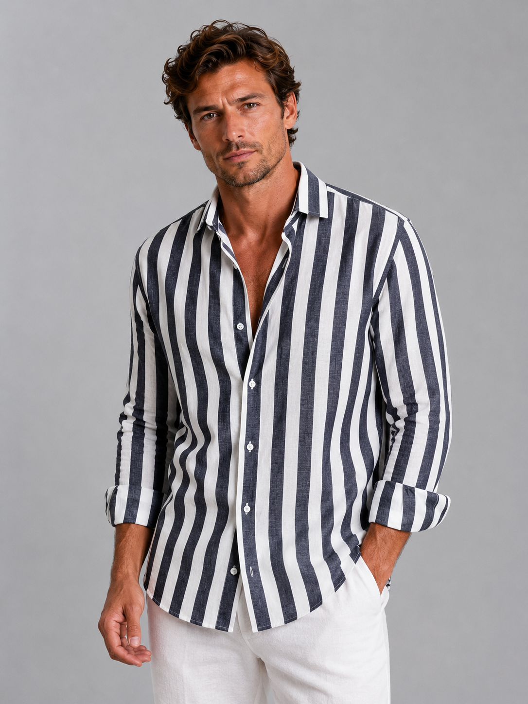 Men's Striped Linen-Look Shirt with Button-Up Front