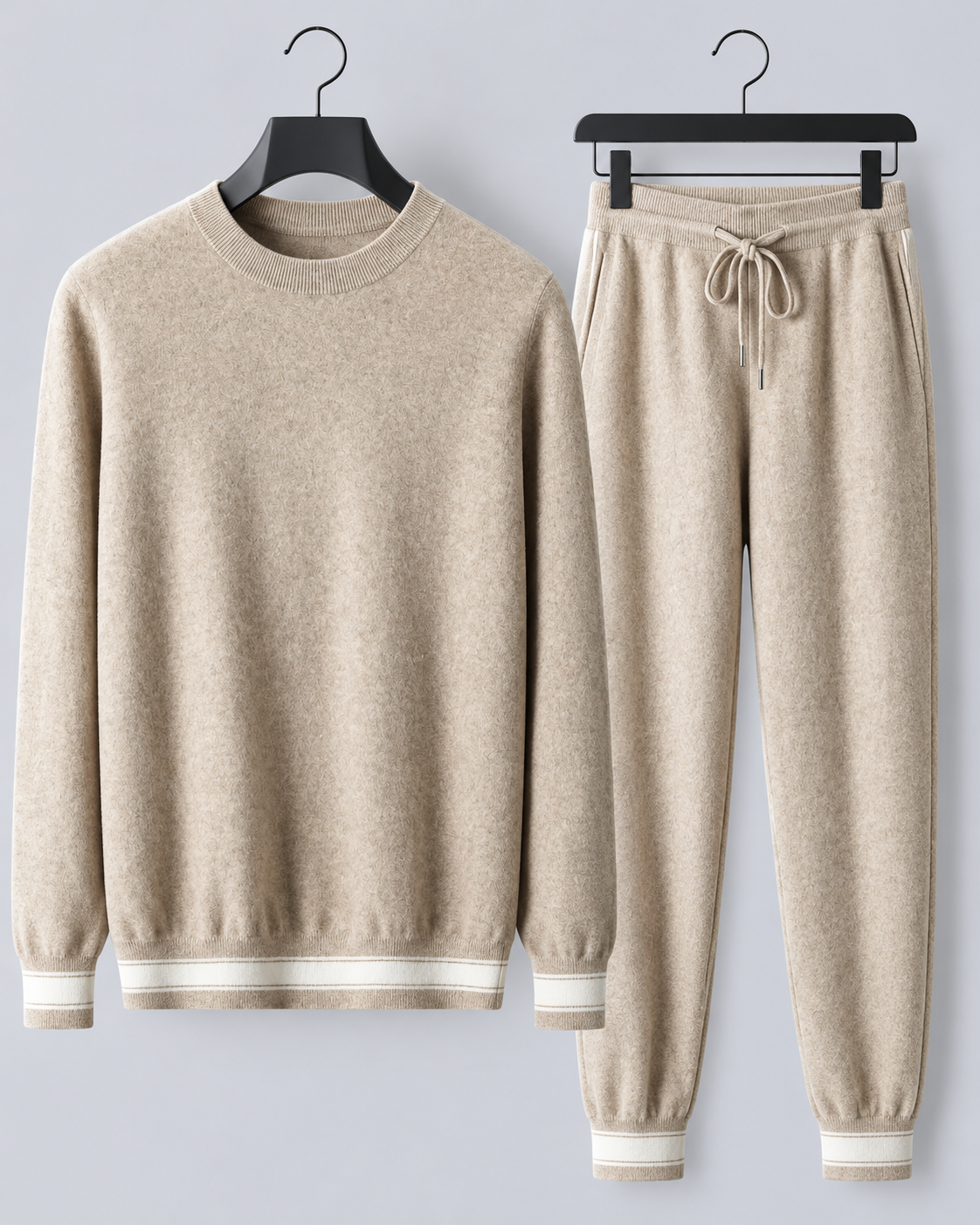 Men's 100% Cashmere Lounge Set with Crew-Neck Jumper and Striped Joggers