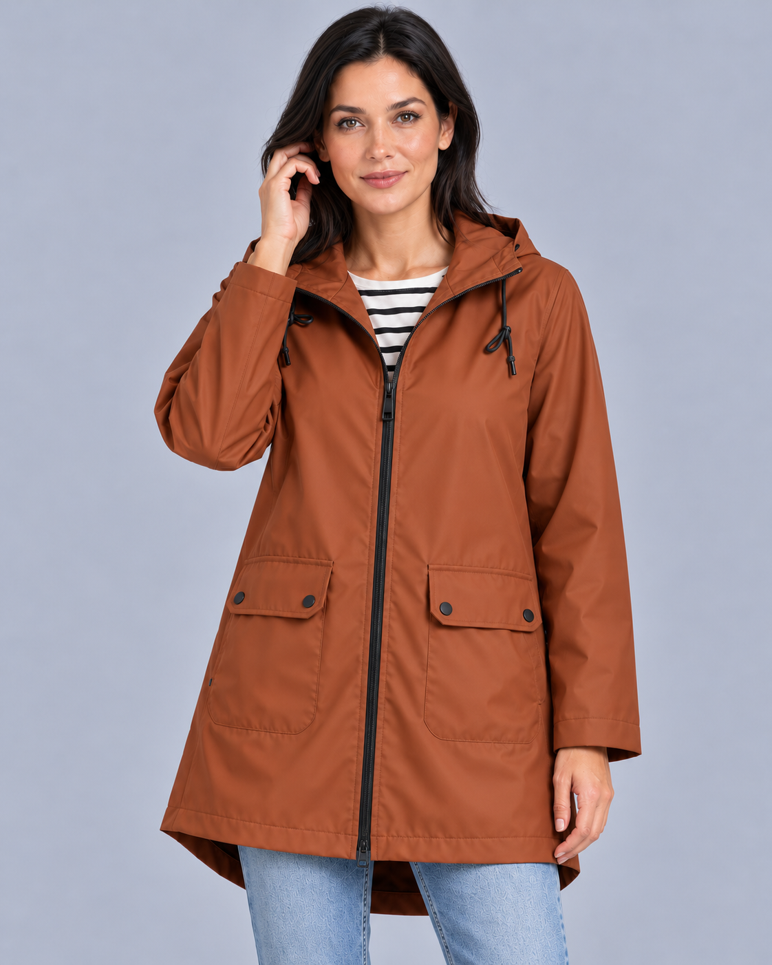 Women's Waterproof Hooded Raincoat with Flap Pockets