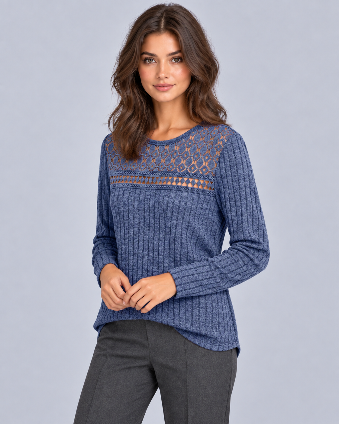 Women's Lace Ribbed Long Sleeve Top | Fitted Crew Neck Blouse