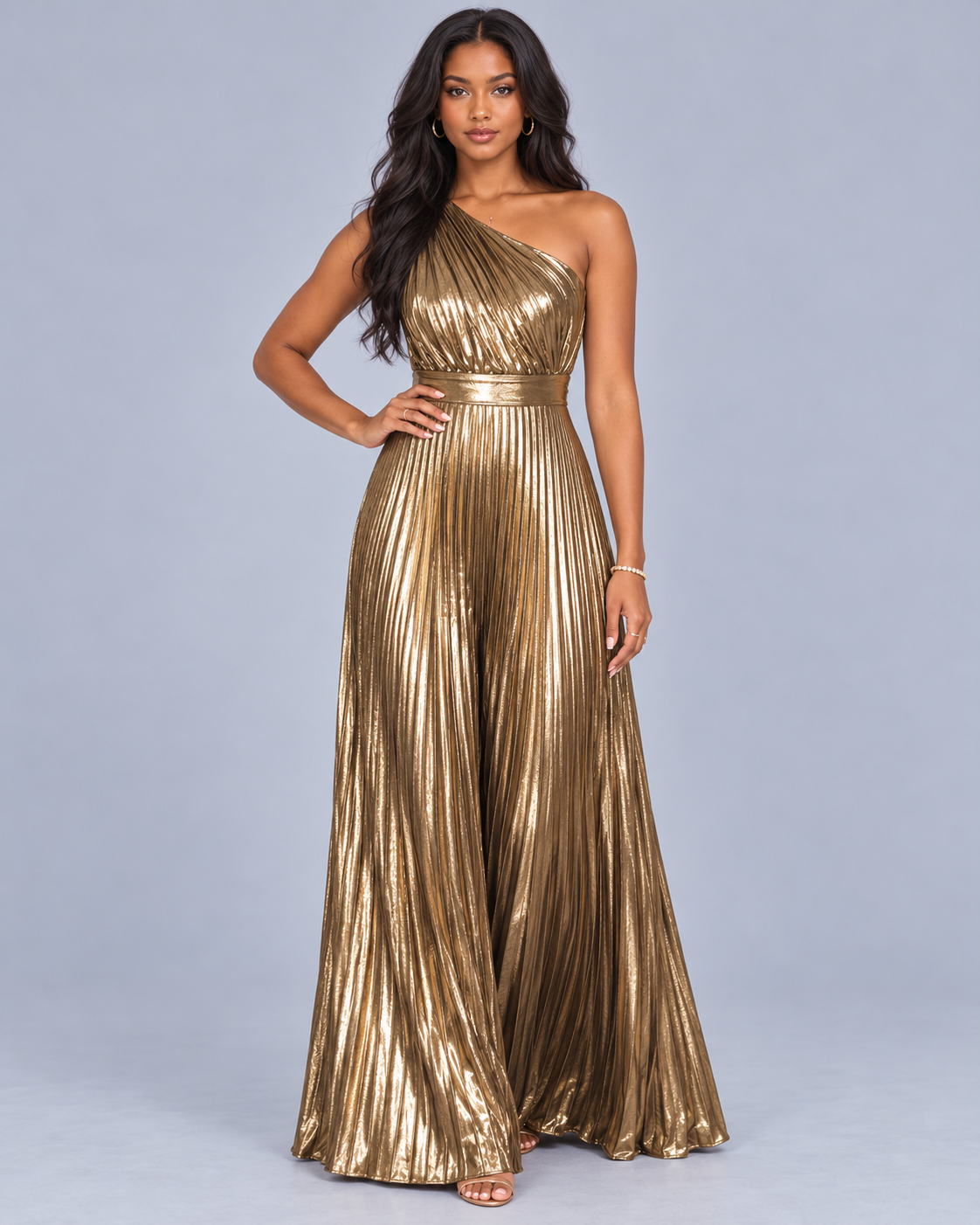 Women's One Shoulder Metallic Pleated Jumpsuit