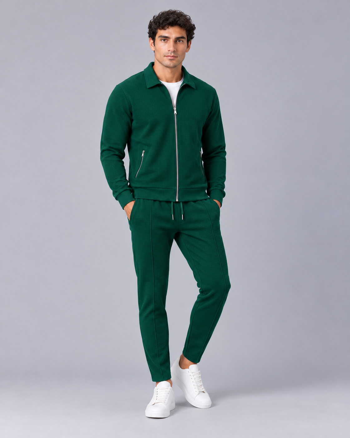 Men's Waffle Tracksuit Set - Zip Jacket & Pants