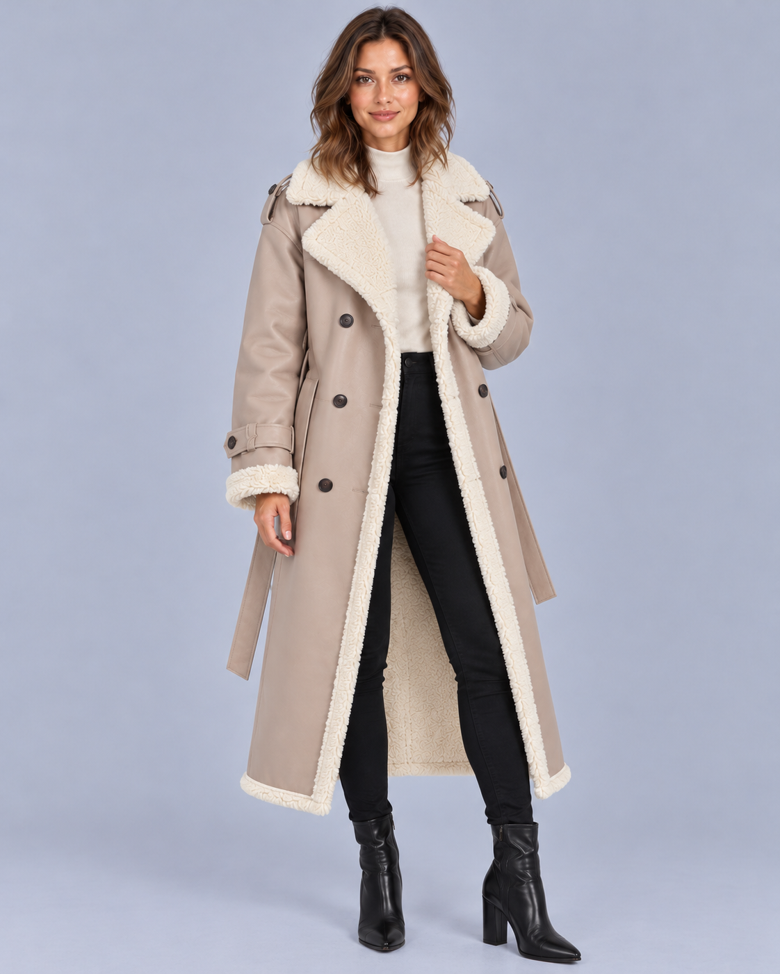 Women's Faux Shearling Longline Coat with Belt