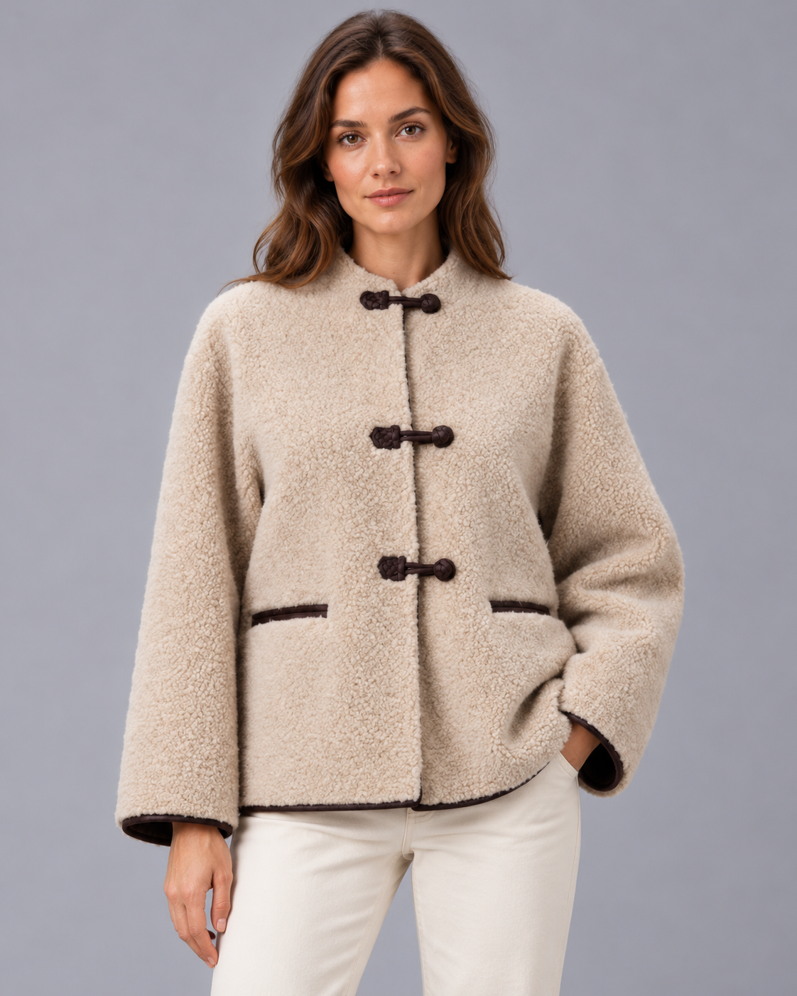 Women's Faux Fur Teddy Jacket with Toggle Fastenings