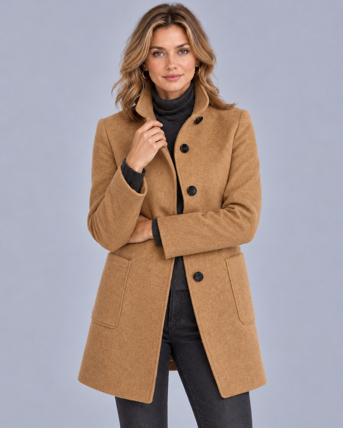 Women's Wool Midi Coat with Stand Collar