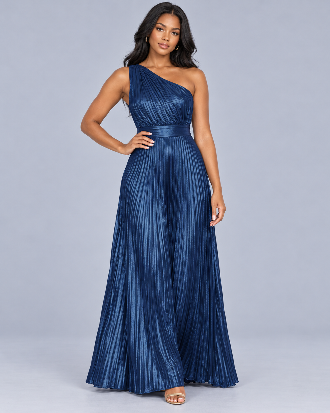Women's One Shoulder Metallic Pleated Jumpsuit