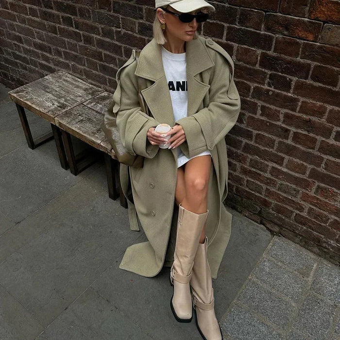 Damen Modischer Oversized-Mantel mit taillierbarem Gürtel Drune