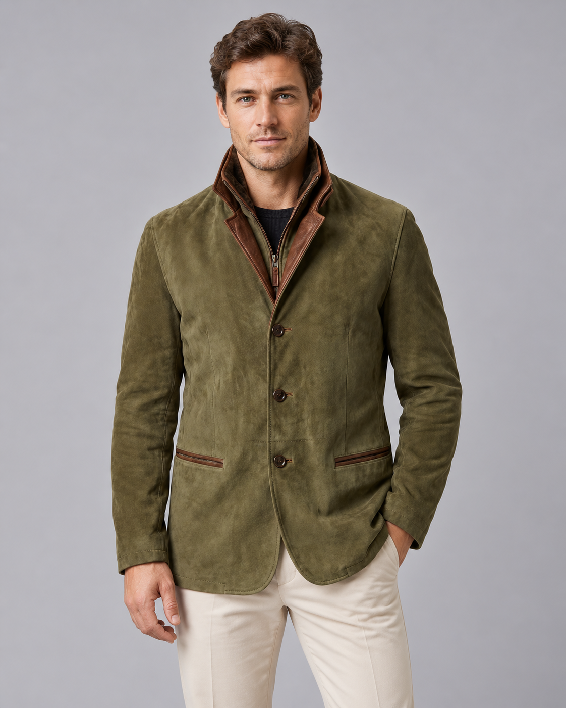 Men's Suede Jacket – Tailored Three-Button Blazer with Layered Stand Collar & Contrast Trim