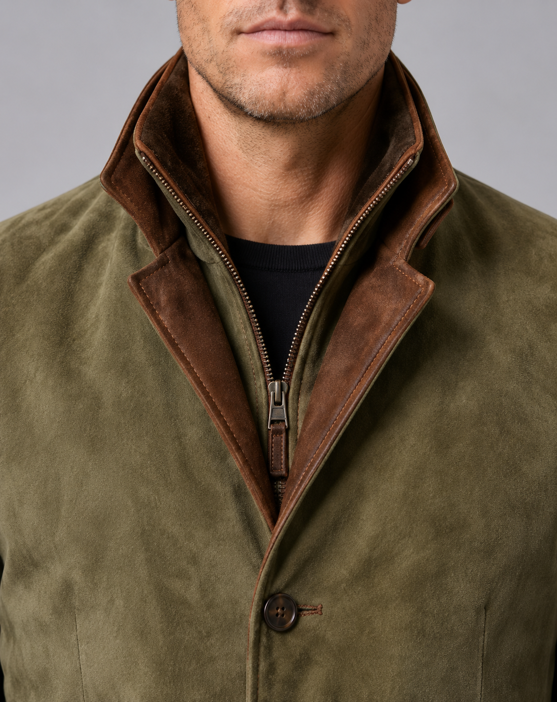 Men's Suede Jacket – Tailored Three-Button Blazer with Layered Stand Collar & Contrast Trim